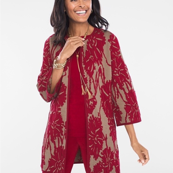 Chico’s Travelers Collection Exploded Floral Jacket Sz 2/L/12 Red Tan Open - Picture 2 of 10